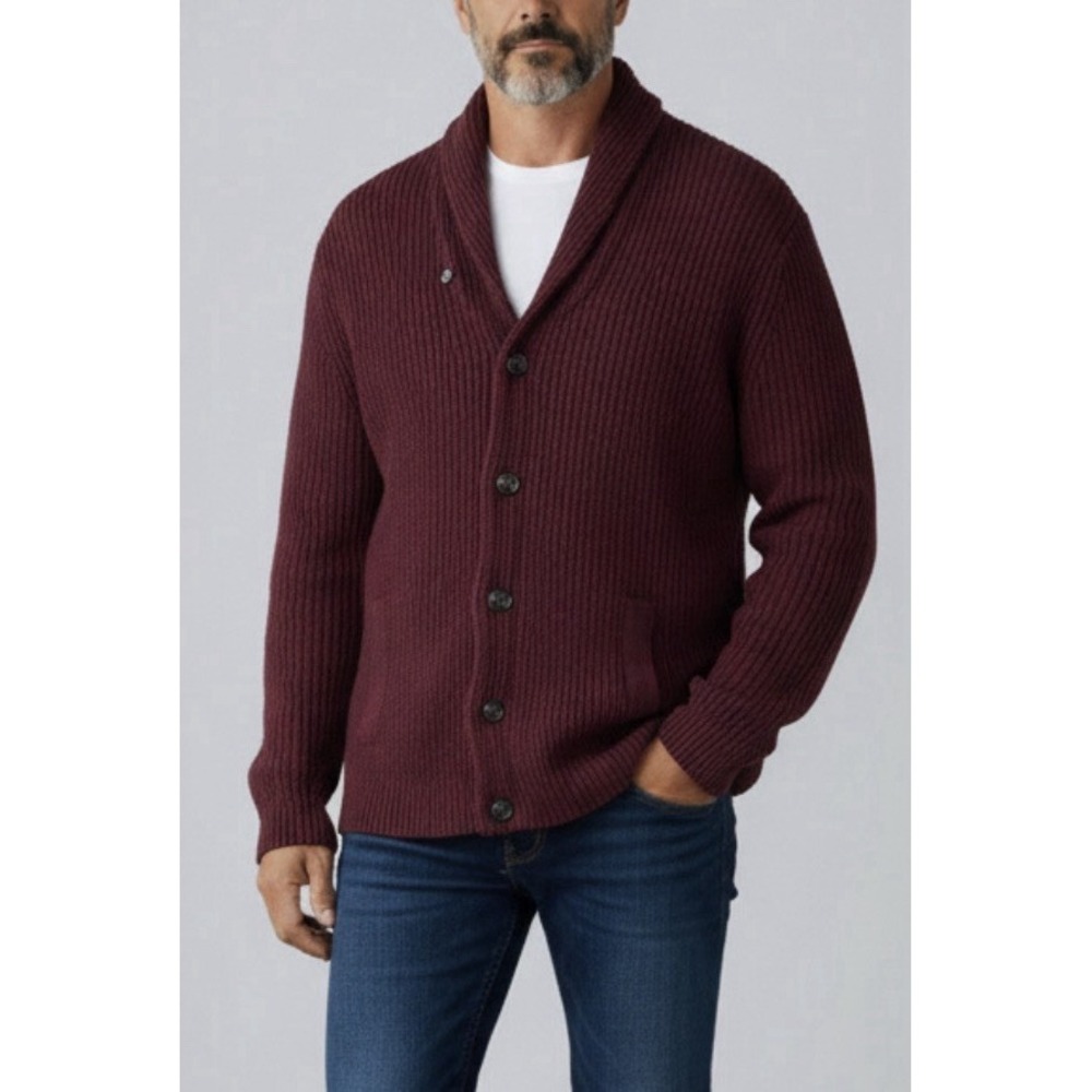 Banana Republic Men L Wool Shawl Collar Cardigan Sweater Burgundy Grandpa Cozy